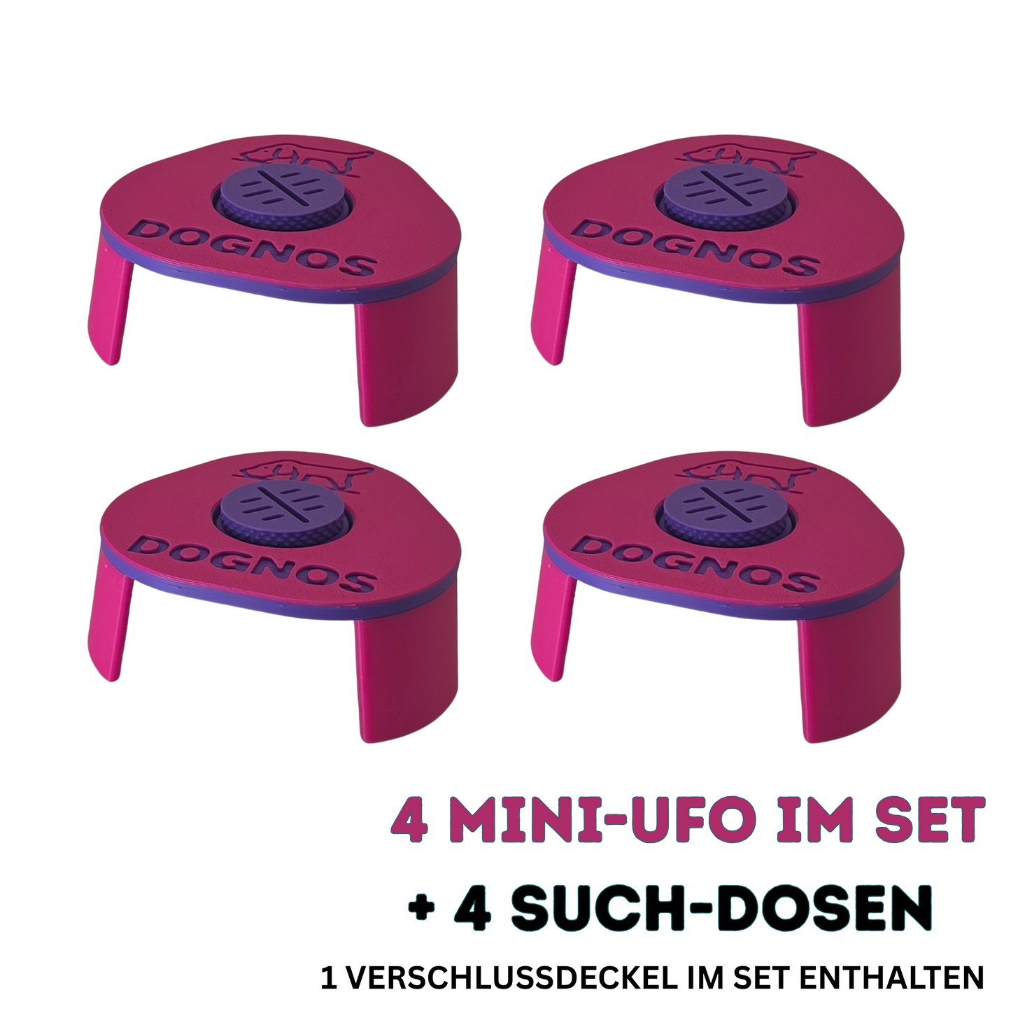 4 supports Line-Up DOGNOS Mini-UFO incluant 4 boîtes de recherche magnétiques – Colorés, stables et absolument ingénieux