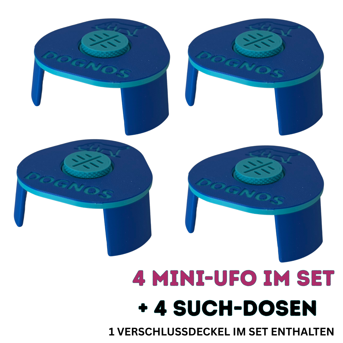 4 supports Line-Up DOGNOS Mini-UFO incluant 4 boîtes de recherche magnétiques – Colorés, stables et absolument ingénieux