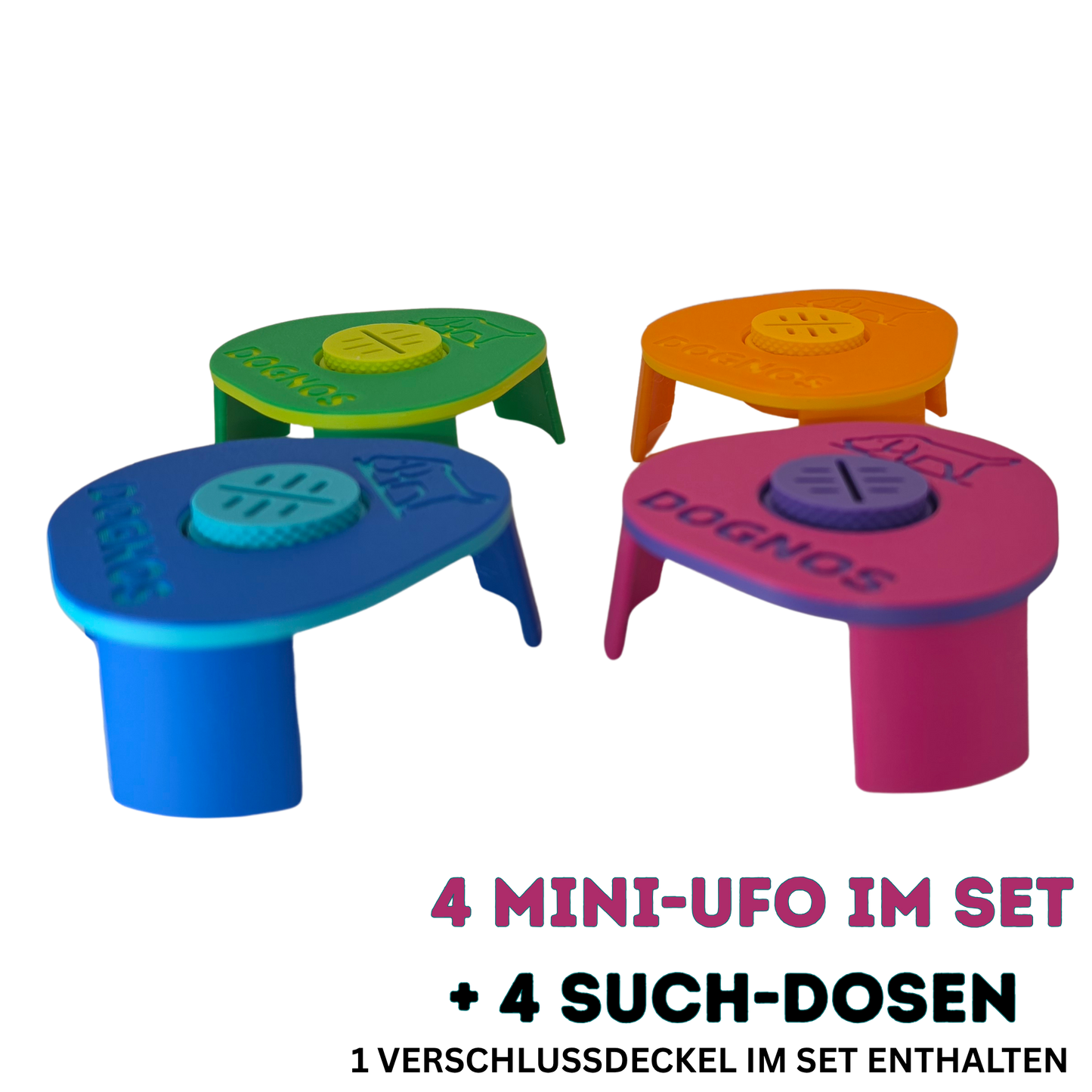 4 supports Line-Up DOGNOS Mini-UFO incluant 4 boîtes de recherche magnétiques – Colorés, stables et absolument ingénieux