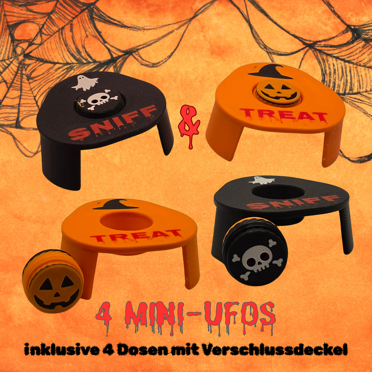 4 Halloween DOGNOS Mini-UFO Line-Up-Ständer inklusive Dosen und Verschlussdeckel –  stabil und absolut durchdacht