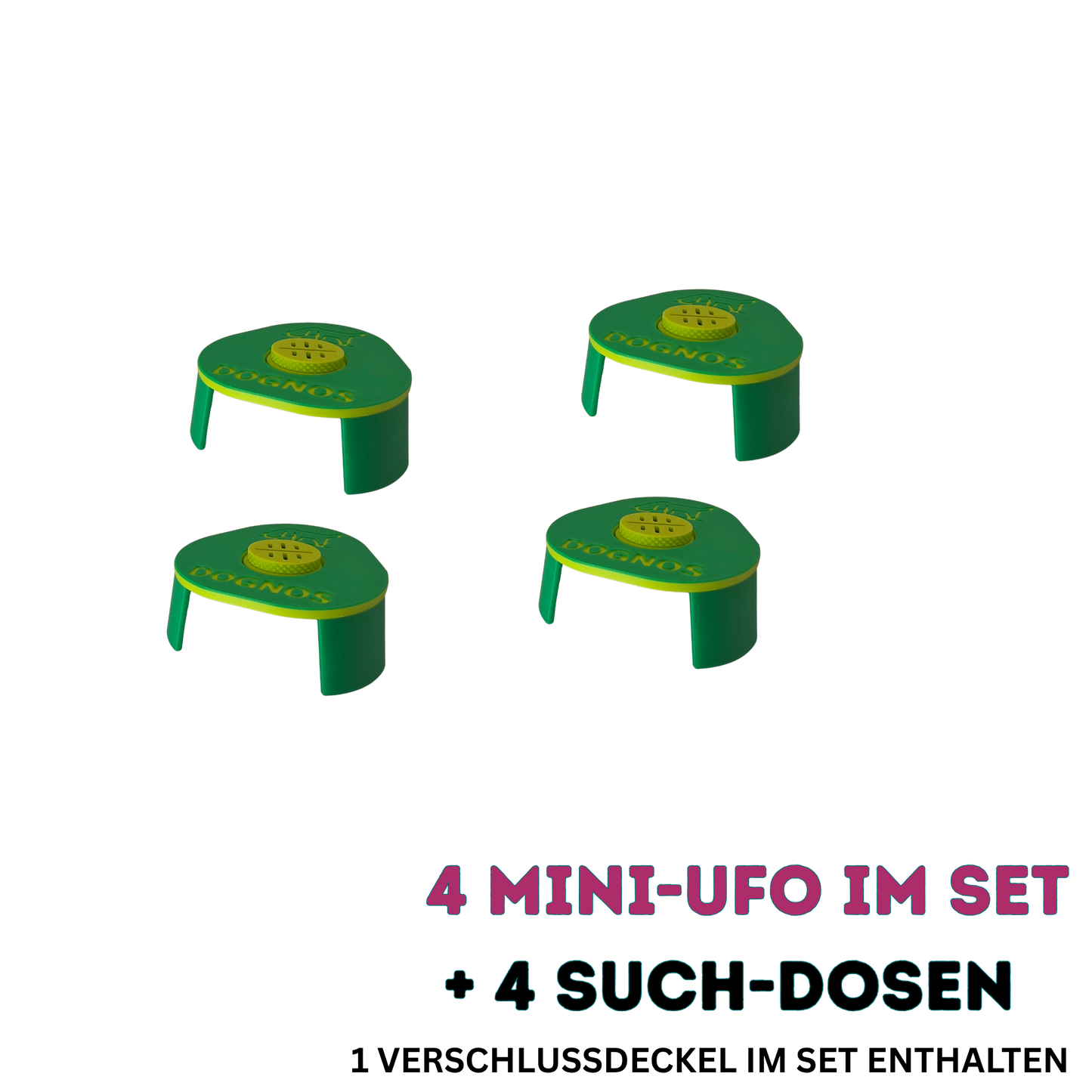 4 supports Line-Up DOGNOS Mini-UFO incluant 4 boîtes de recherche magnétiques – Colorés, stables et absolument ingénieux