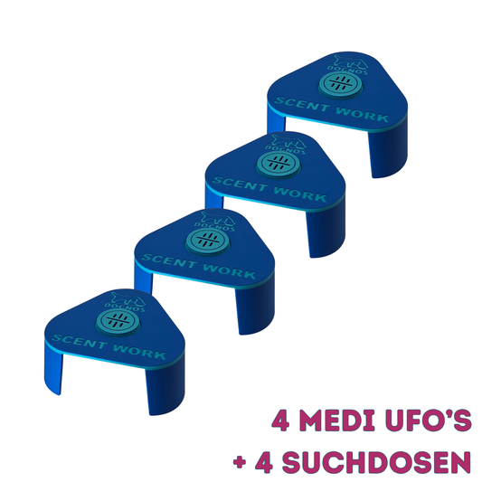 4 Stück MEDI-UFO Line-Up-Ständer inklusive 4 magnetische MEDI_Suchdosen – Bunt, stabil und absolut durchdacht