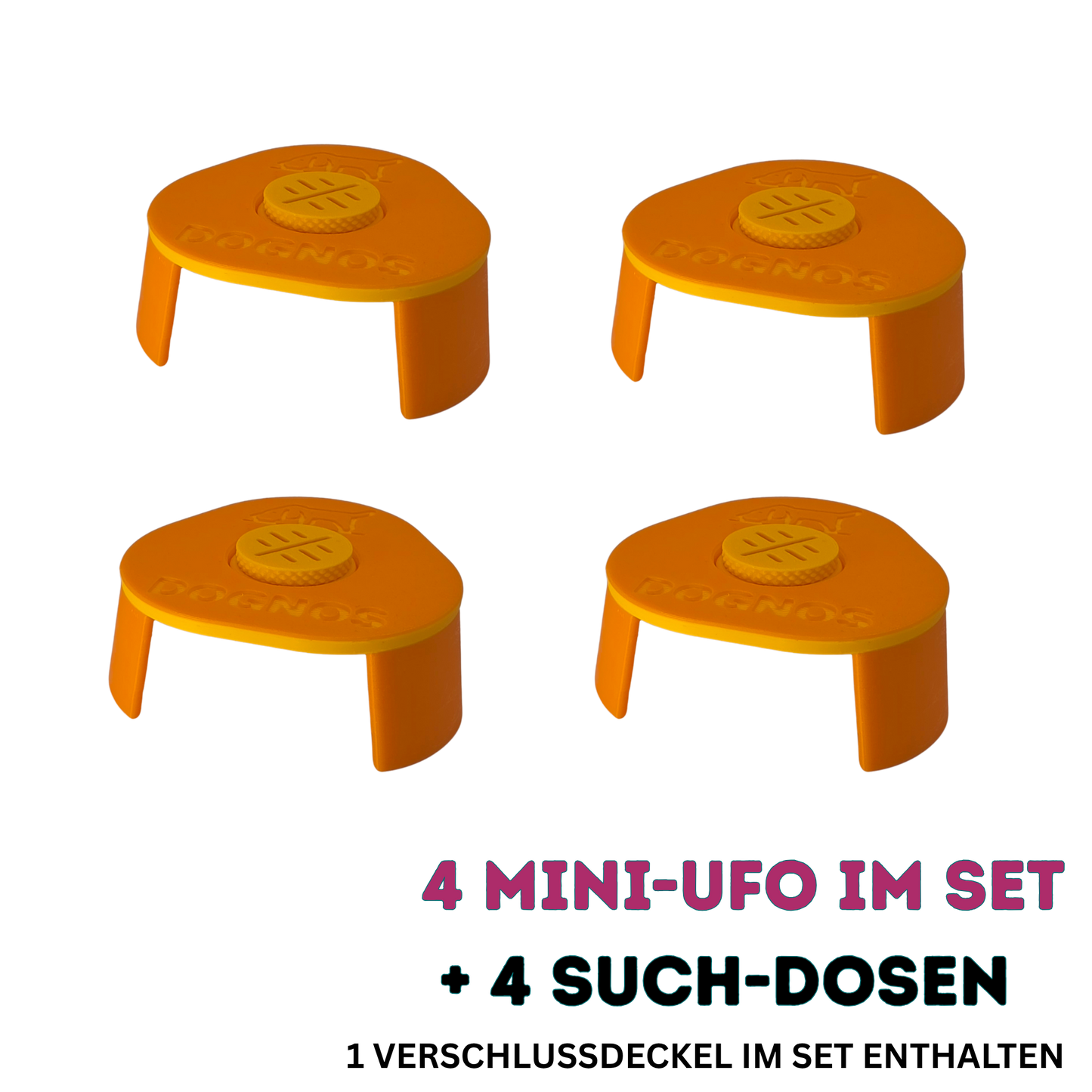 4 supports Line-Up DOGNOS Mini-UFO incluant 4 boîtes de recherche magnétiques – Colorés, stables et absolument ingénieux